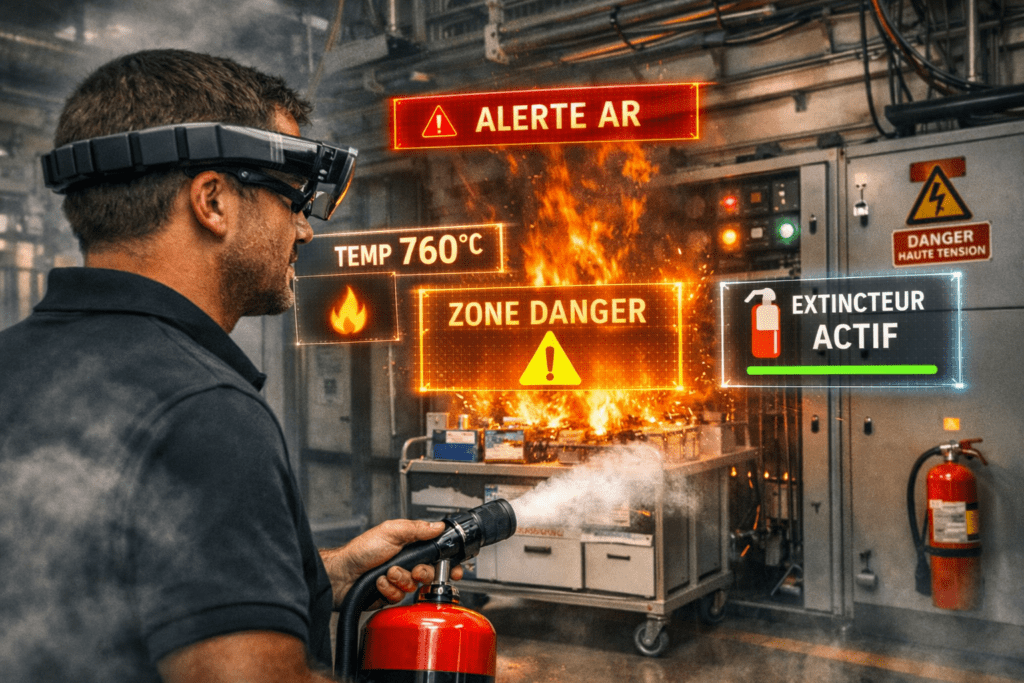 un stagiaire manipulant un extincteur connecté