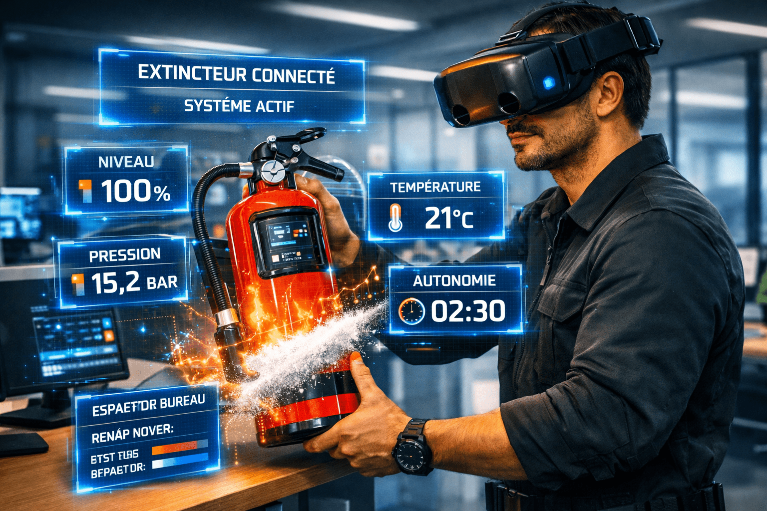 un stagiaire manipulant un extincteur connecté